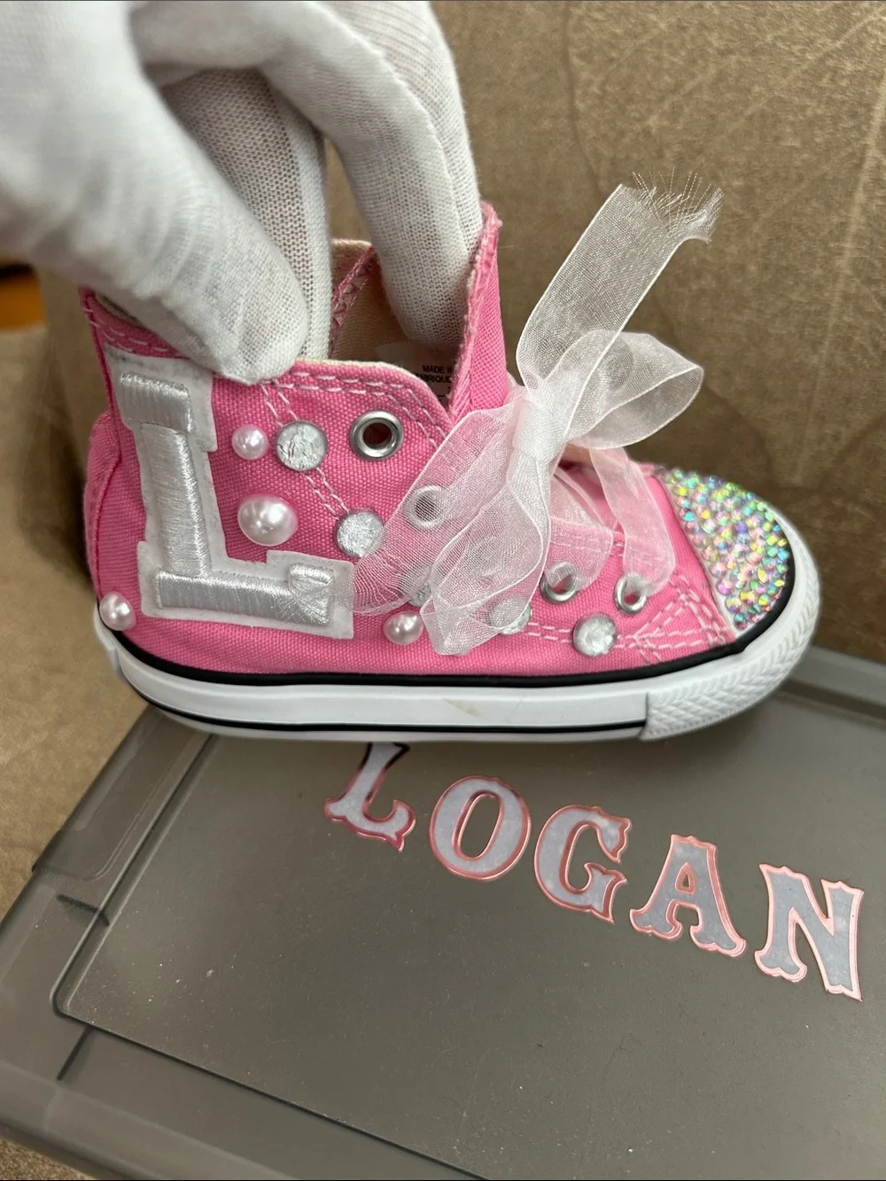 Converse Kids Pink High-Top Sneakers with Rhinestone Toe & Pearl Accents